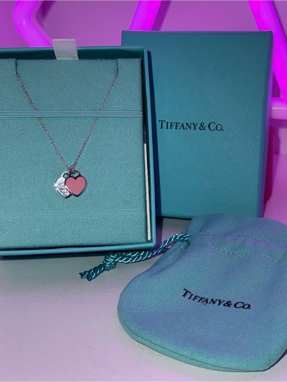 Tiffany & Co. Pink Double Heart Pendant Necklace - Mini